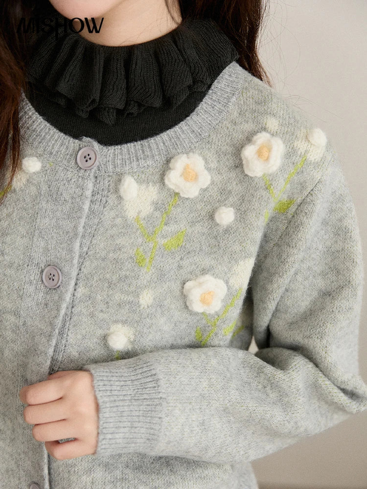 MISHOW Women's Gray Knitted Cardigan 2025 Winter Flower Embroidery Round Collar Single-breasted Warm Slim Sweaters MXE91Z2836