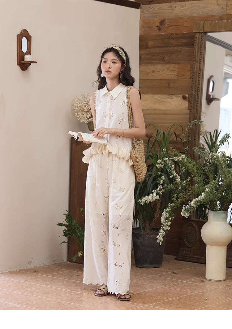 MISHOW 100 Cotton Butterfly Hollow Lace Lapel Shirt for Women Single Breasted Elegant Breathable Shirts with Tube Top MXE34X1808