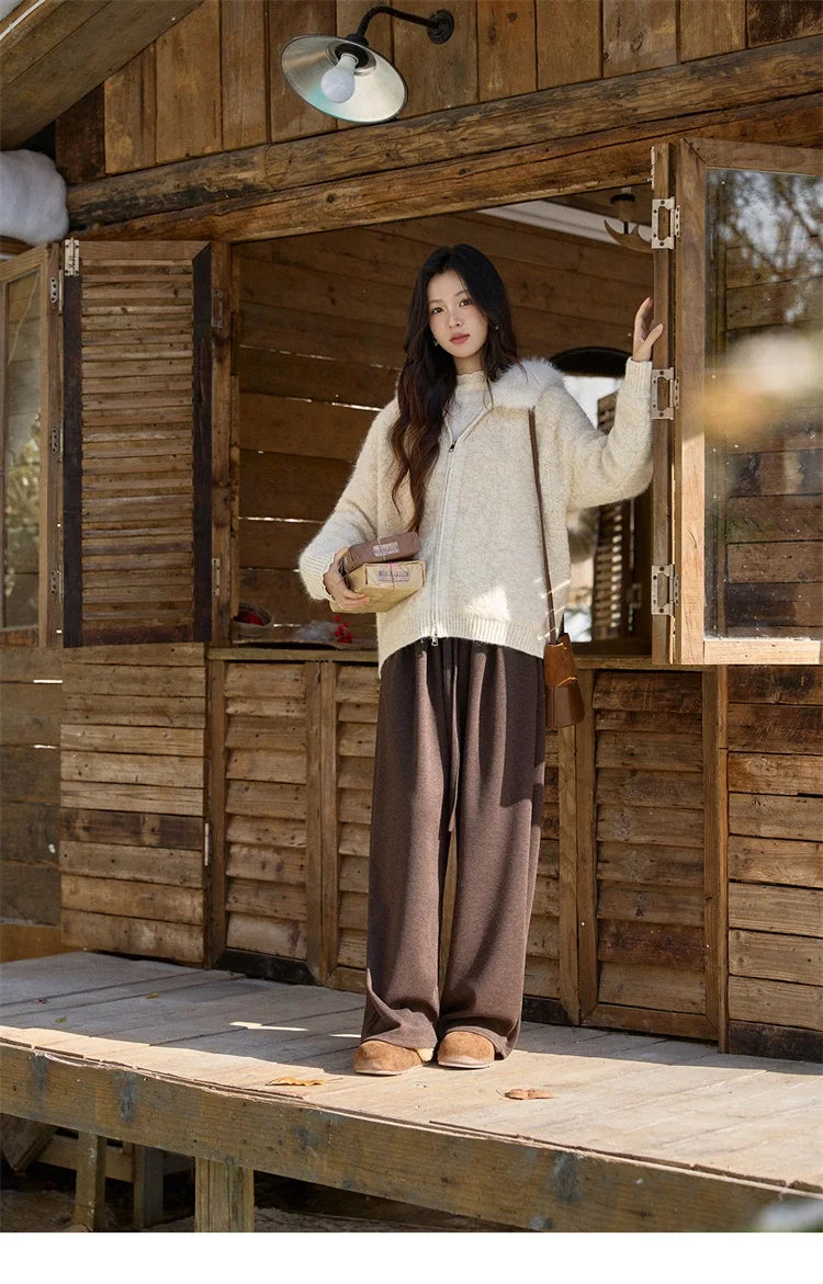 MISHOW Women's Beige White Cardigan Winter Fur Hood Zipper Warm Loose Outerwear Towel Embroidered Knitted Cardigan MXE94Z2963