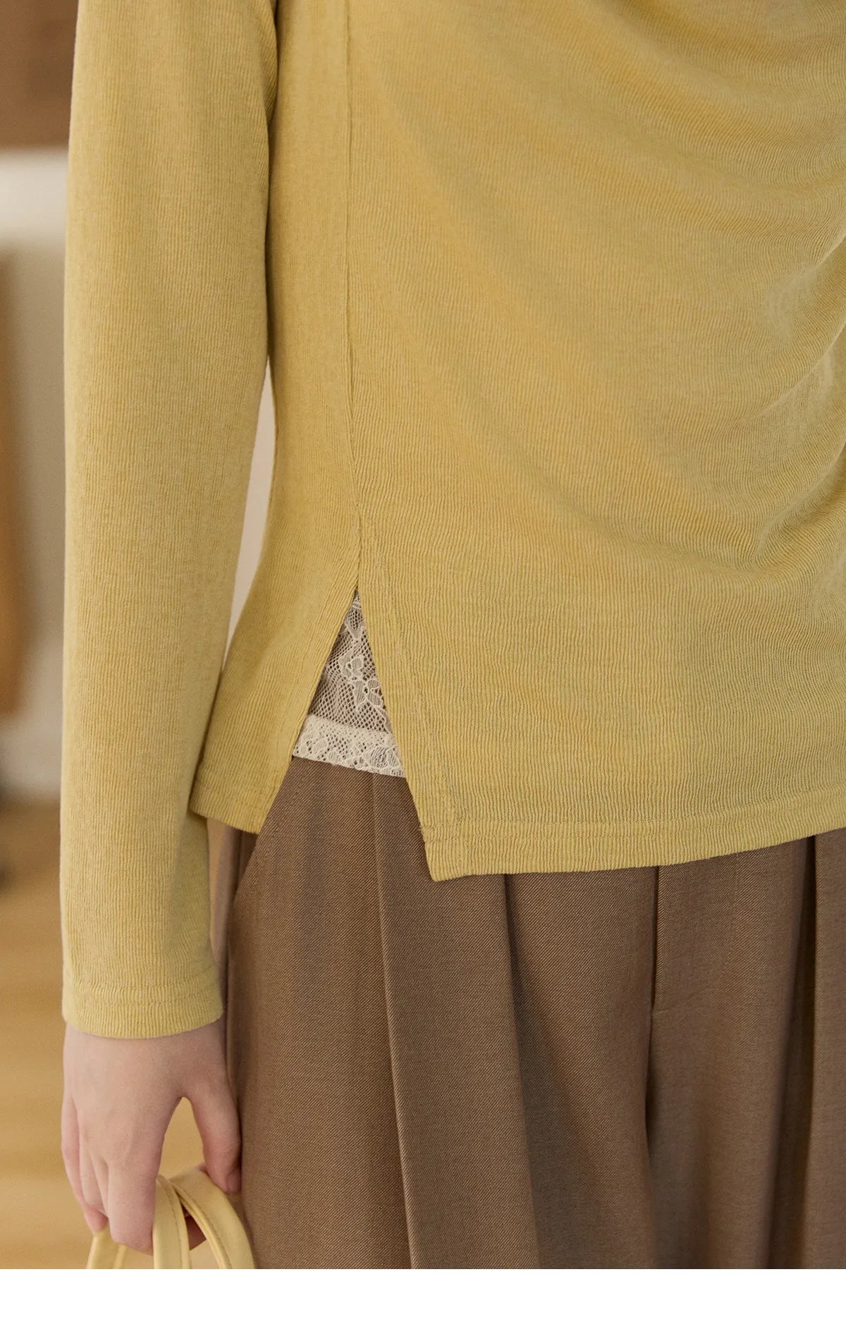 MISHOW Women's Yellow Splicing Lace Long Sleeve Knitted Top Spring Ribbon Draped Collar Casual Slim Thin Sweater MXF108Z1030