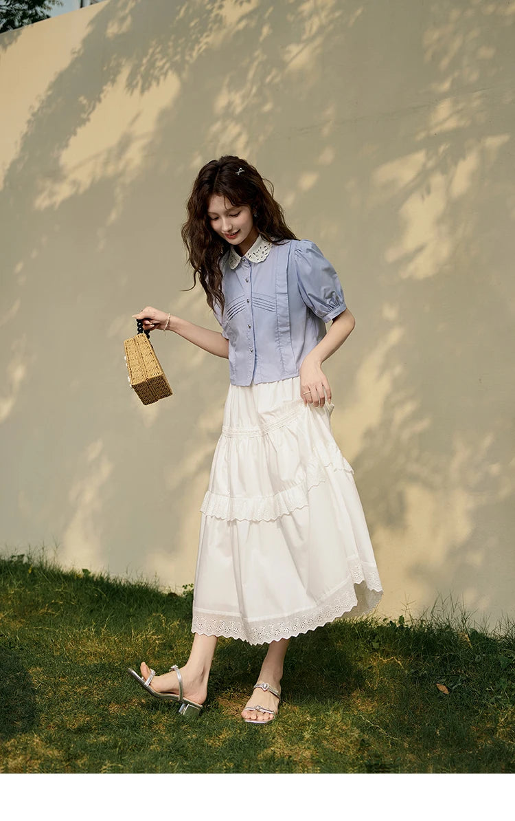 MISHOW Women's Summer Button Up Shirt Puff Sleeve Blouse Lace Lapel French Retro Contrast Top Korean Popular Clothes MXD26X1451