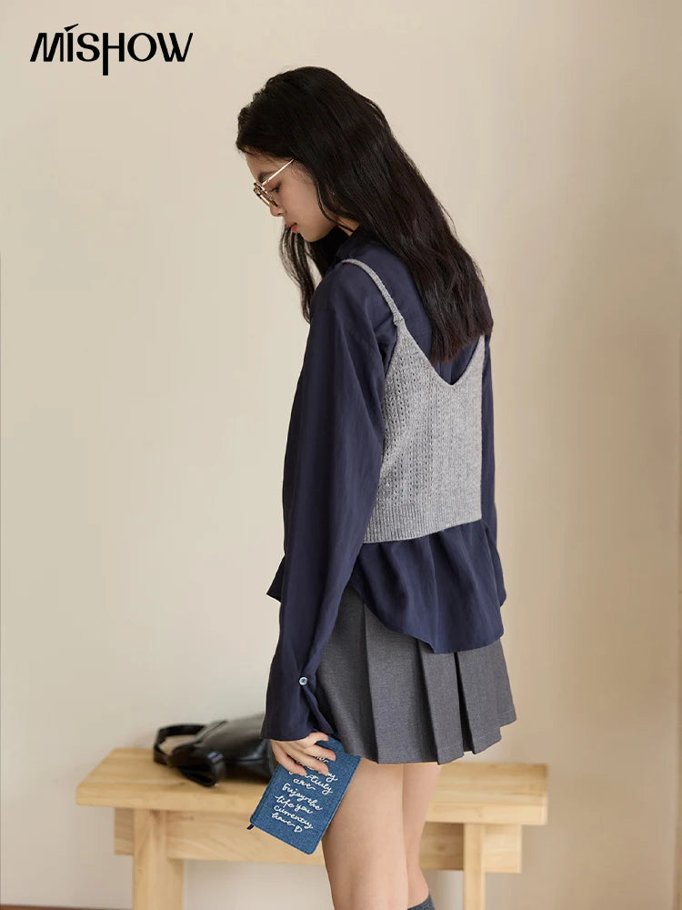 MISHOW Woman Shirt Set 2025 Autumn Fashion New Navy Blue Ribbon Design Layered Shirt Knit Camisole Two-piece Suit MXE47T1412