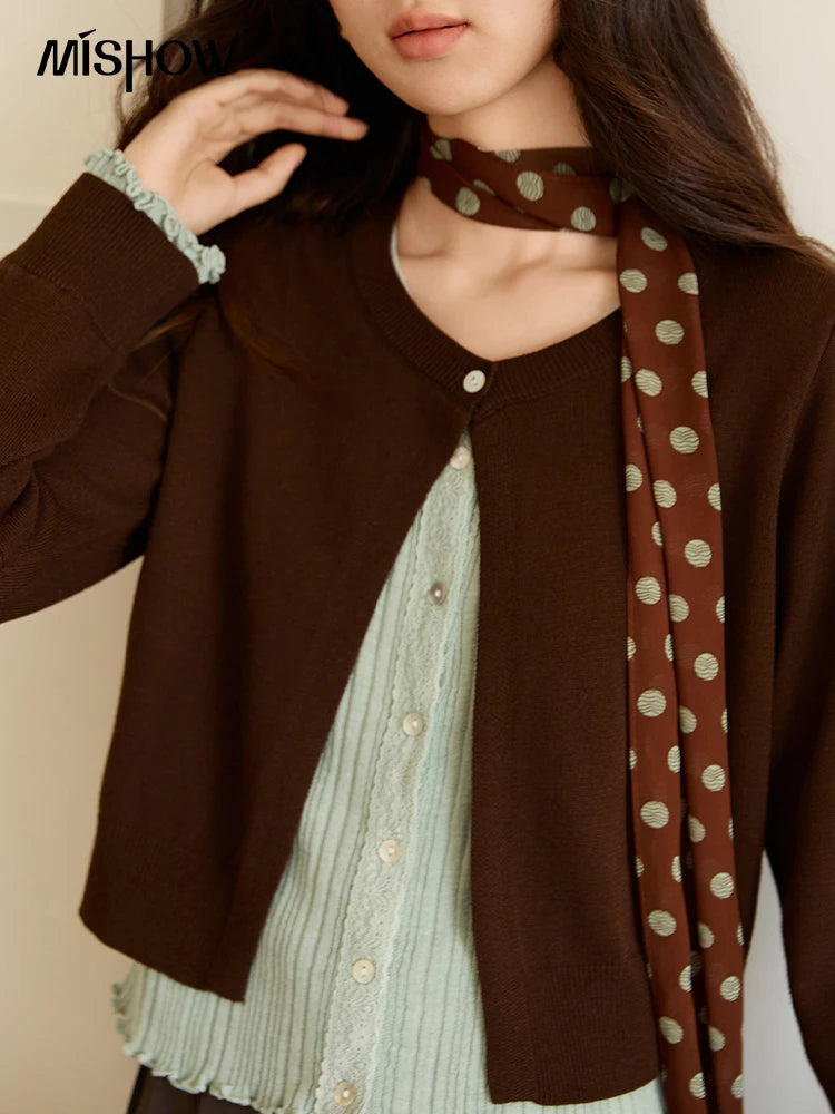 MISHOW Pullover Women 2025 Autumn Winter Retro Fake 2 Pieces Round Neck Color-blocked Lace Trim Knit Sweater Slim Top MXE46Z2545