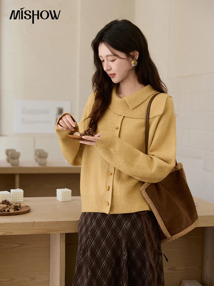 MISHOW Women's Mustard Yellow Knit Cardigan 2026 Spring Asymmetric Collar Dropped Sleeves Tops Casual Loose Sweater MXE93Z2936