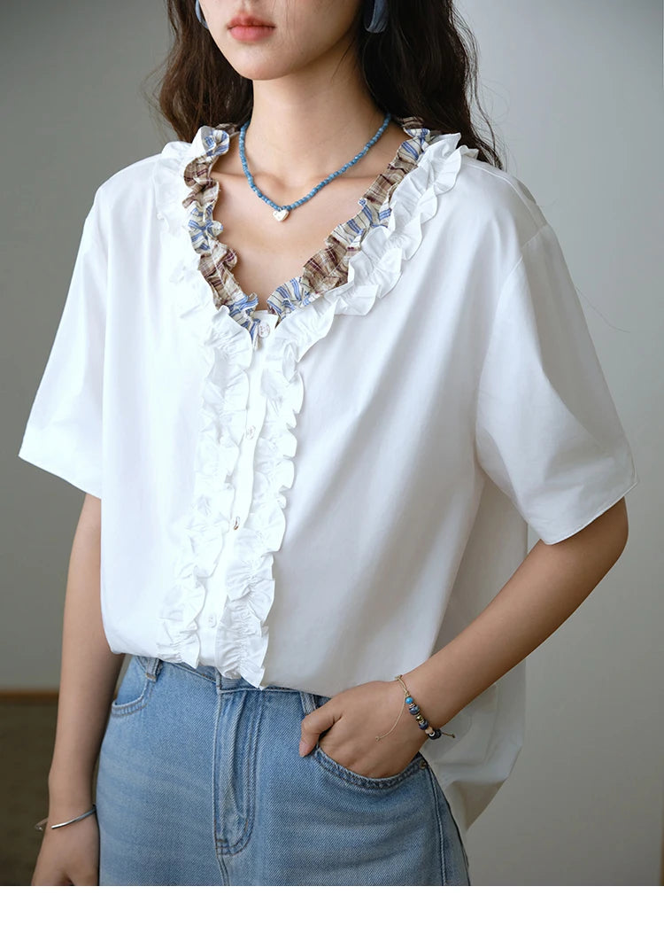 MISHOW Fashion V-neck Shirt for Women Summer 2025 Thin Short Sleeve Patchwork Double Layer Fungus Edge Button Top MXE35X1793