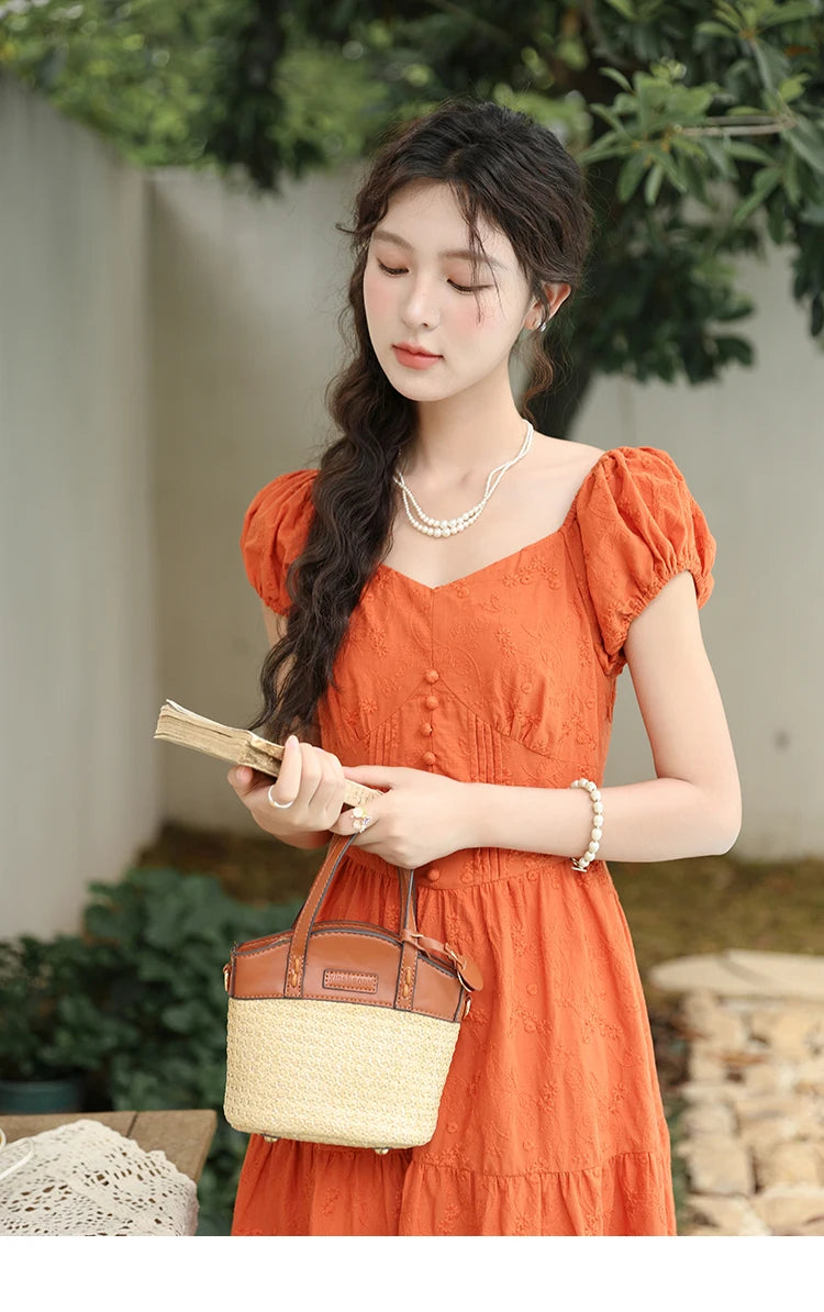 MISHOW 100 Cotton Orange Embroidered French Dress Women 2024 Summer V Neck Mid Length Dress Solid Loose A-line Dress MXD29L1931