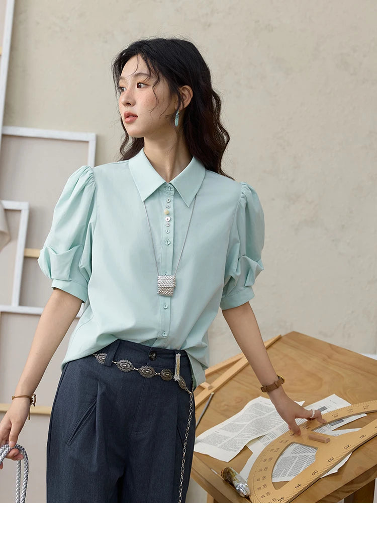 MISHOW Light Green Bubble Sleeve Shirt for Women Summer 2025 Lapel Collar Irregular Button Shirts Cotton Commuter Top MXE34C0788