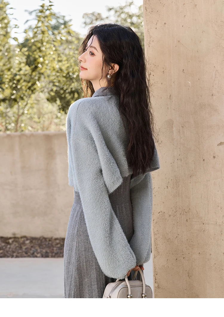 MISHOW Women’s Sweater Top Dress Separately 2024 Fall Winter Fashion Imitation Mink Fur Sweet Coat Knitted Dress MXD45L2043