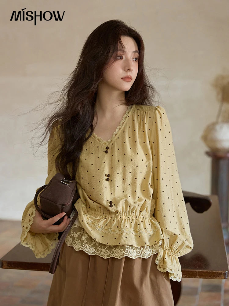 MISHOW Autumn Yellow Polka Dot Linen Blouse 2025 Autumn Lace V-neck Commuter Top Flare Sleeve Elastic Waist Shirts MXE42X1975