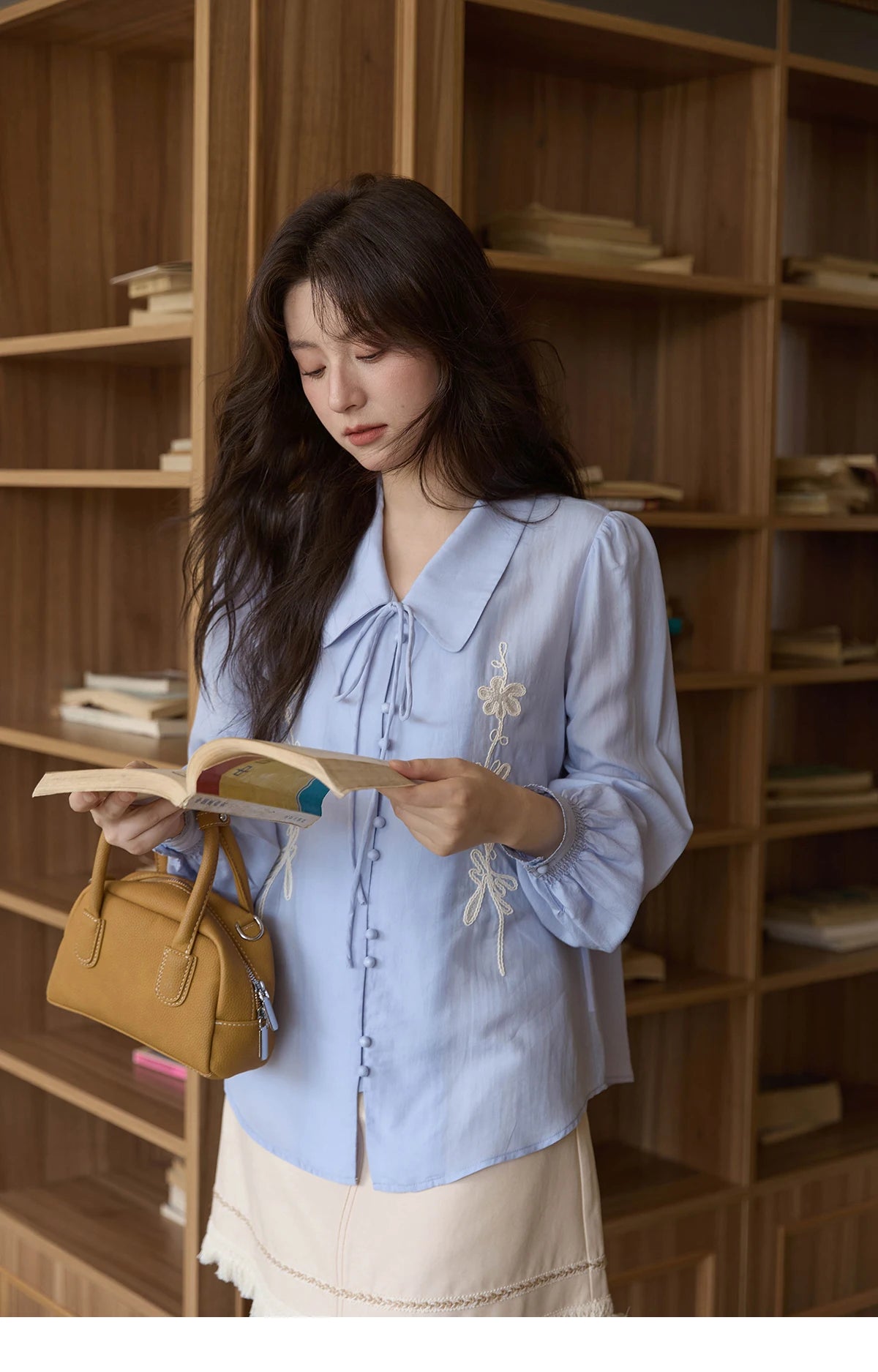 MISHOW Women's 100% Lyocell T-Shirt 2025 Autumn Flower Embroidered Tops Puff Sleeves Lapel Lace-up Shirts Office Lady MXE42C2371