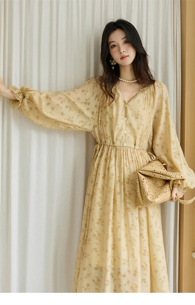 MISHOW Yellow Printing Dress for Woman 2025 Autumn Elegant Lace Lantern Sleeve Waist Slim Long Dress V-neck Dress MXE47L2527