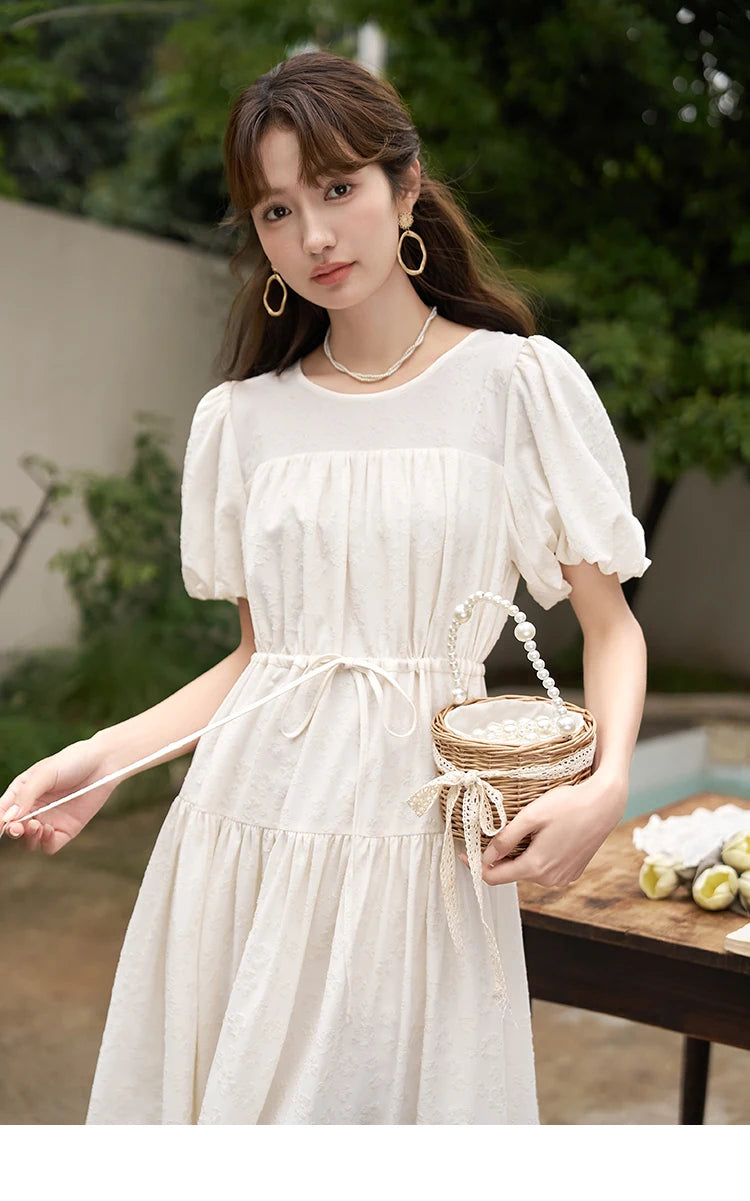 MISHOW French Draw String Waist Dress 2023 Summer Short Sleeve A-LINE Puff Sleeve O-Neck Pullover Elegant Solid Dress MXC38L1415