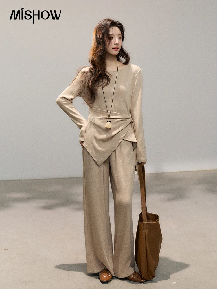 MISHOW Women's Khaki Knitted Two-Piece Set 2026 Spring Asymmetrical Hem Waist-Cinched Top Wide Leg Pants Casual Sets MXF11T1465