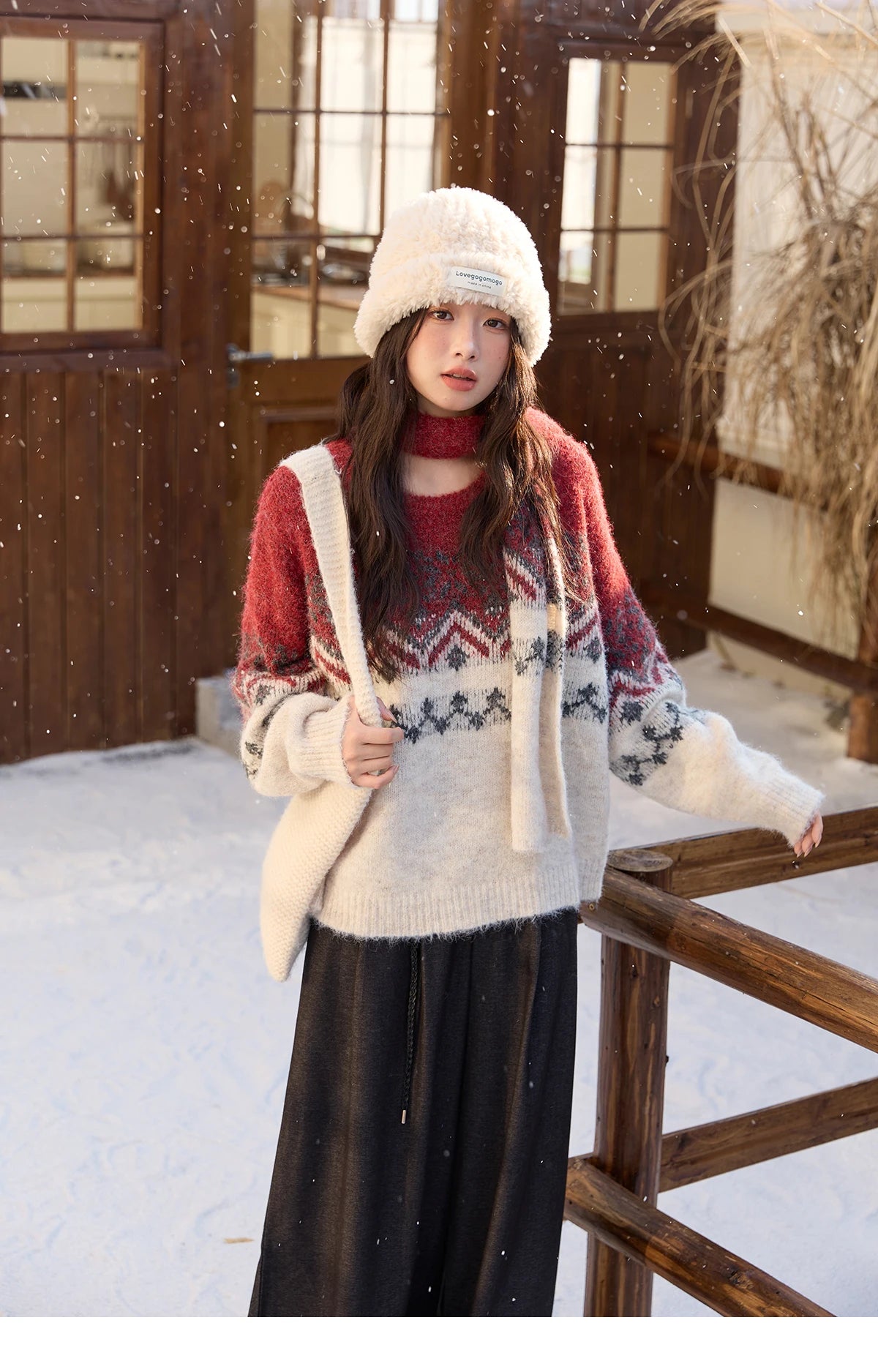 MISHOW Christmas Jacquard Retro Sweater Winter Geometric Red Scarf Fair Isle Sweater Wool Blend Thickened Knitted Top MXE51Z2628