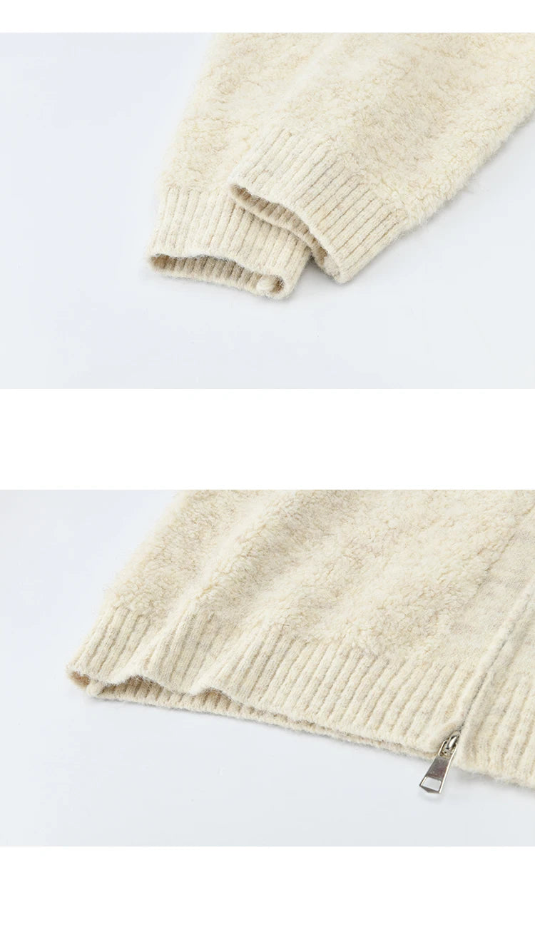 MISHOW Women's Beige White Cardigan Winter Fur Hood Zipper Warm Loose Outerwear Towel Embroidered Knitted Cardigan MXE94Z2963