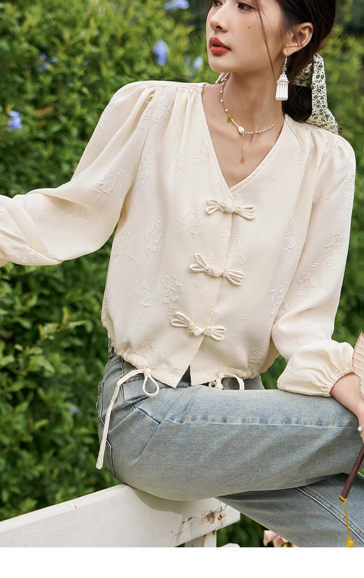 MISHOW Chinese Button Up Single Row Shirt for Women 2024 Spring Jacquard Hem Drawstring Puff Sleeve Solid Loose Top MXD14X1386