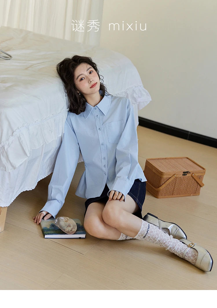 MISHOW Women's French Blue Shirt Long Sleeve 2025 Spring Polo Collar Waist Pocket Versatile Shirt Single Breasted Top MXE14C0753