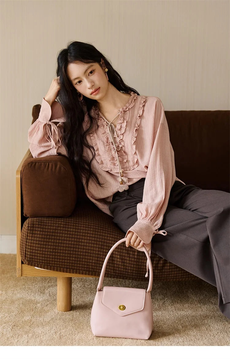 MISHOW Women's Pink Blouse 2025 Autumn Elegant Fold Edge V-collar Bubble Sleeve Top Loose Casual Commute  Blouses MXE45X2485