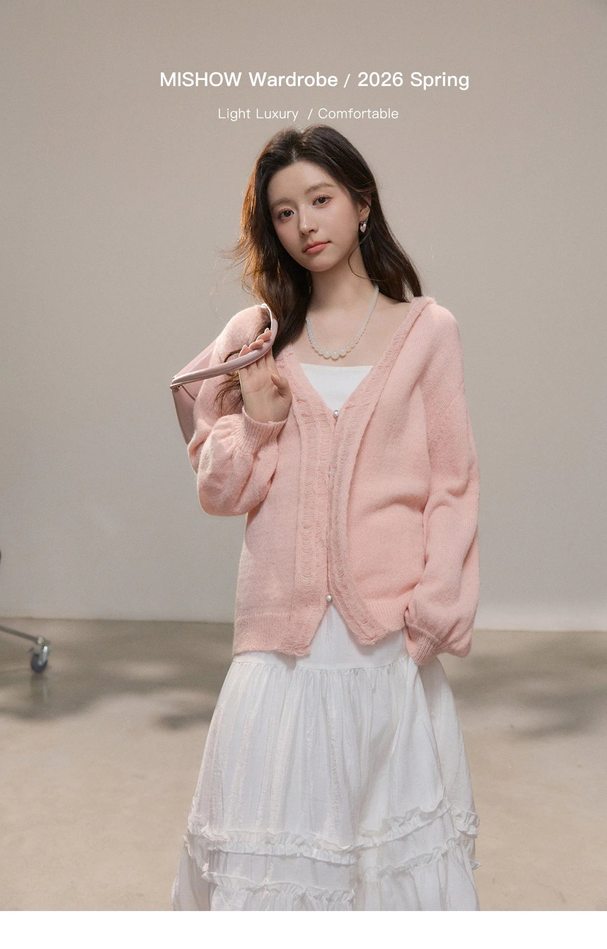 MISHOW Women's Pink Sweet Knit Cardigan 2026 Spring V-Neck Ruffled Trim Pearl Button Cardigans Loose Knitted Sweater MXF108Z1028