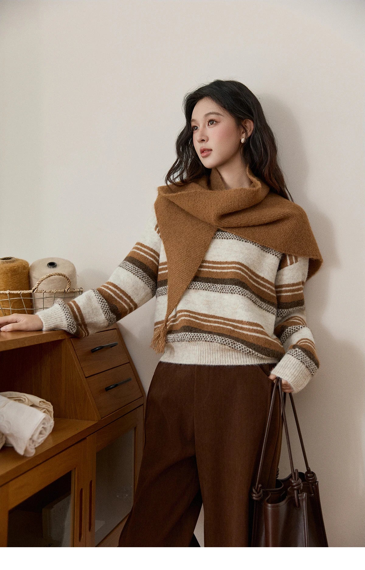 MISHOW Women's Wool Blend Retro Striped Sweater with Scarf Set 2025 Winter Knitted Round Neck Warm Loose Sweaters MXE94Z2987