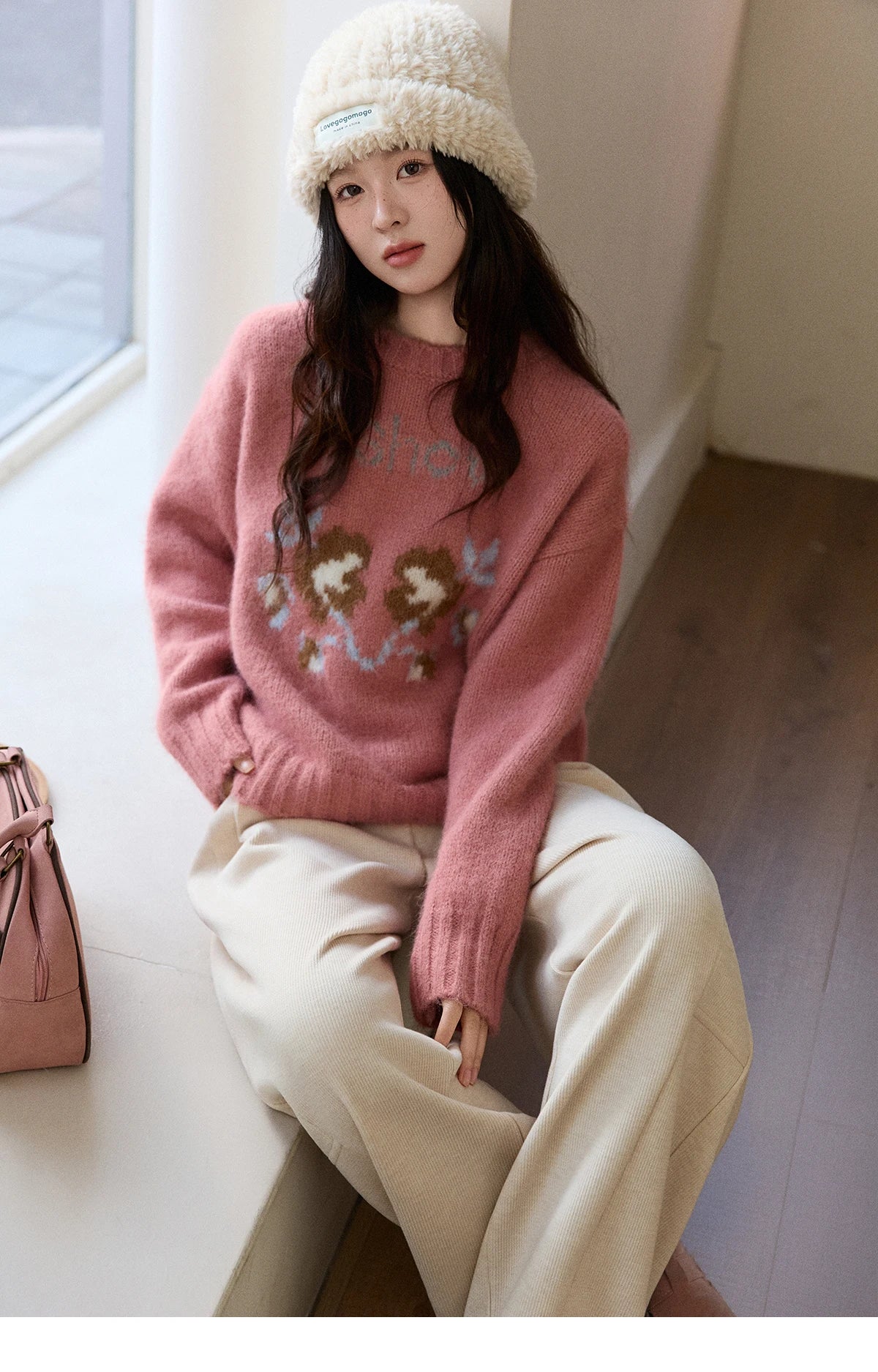 Mishow Pink Jacquard Crew Neck Pullover MXE91Z2831