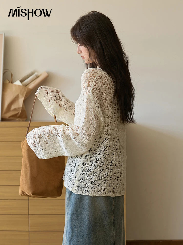 MISHOW Women's Hollow Knitted Tops 2025 Autumn Jacquard Weave Breathable Top Solid Dropped Sleeve Knitted Sweaters MXE43Z1360