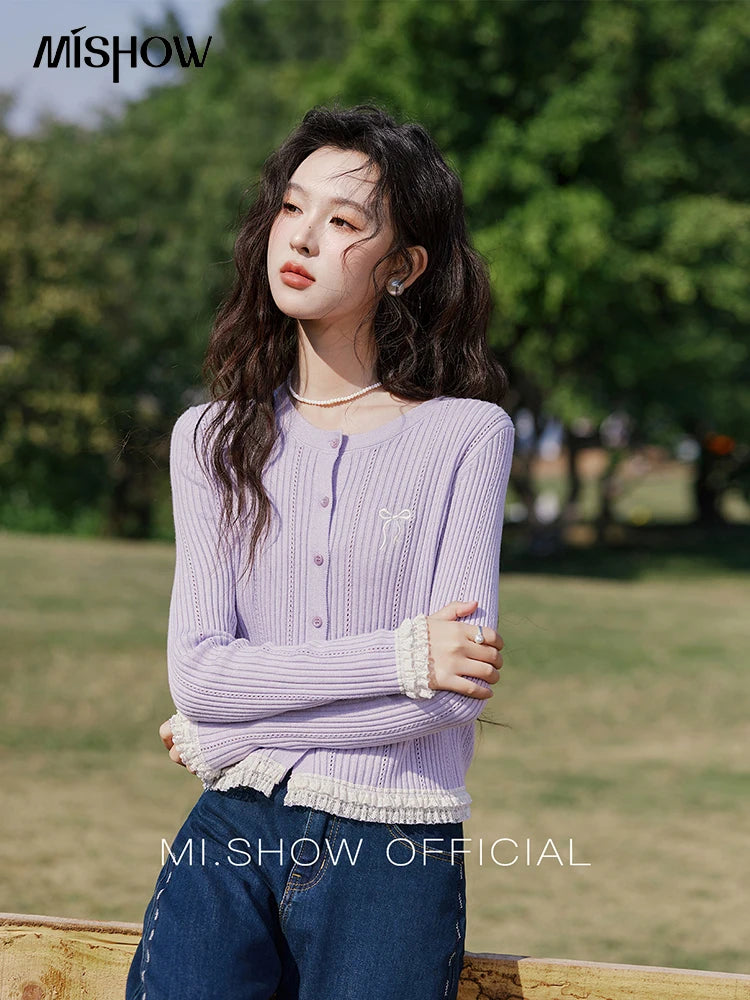 MISHOW Macaron Knitted Tops 2025 Spring Hollow Hook Flower Lace Splicing Tops Bow Embroidery O-neck Long Sleeve Tees MXE16Z1211