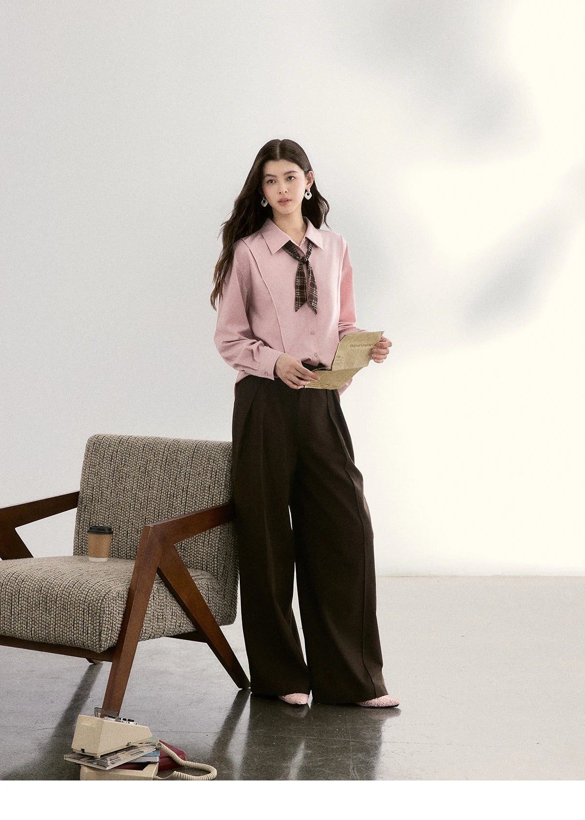 MISHOW Women's Casual Loose Shirt with Plaid Scarf 2026 Spring Lapel Tops Versatile Long Sleeve Shirts Office Lady MXF108C0815