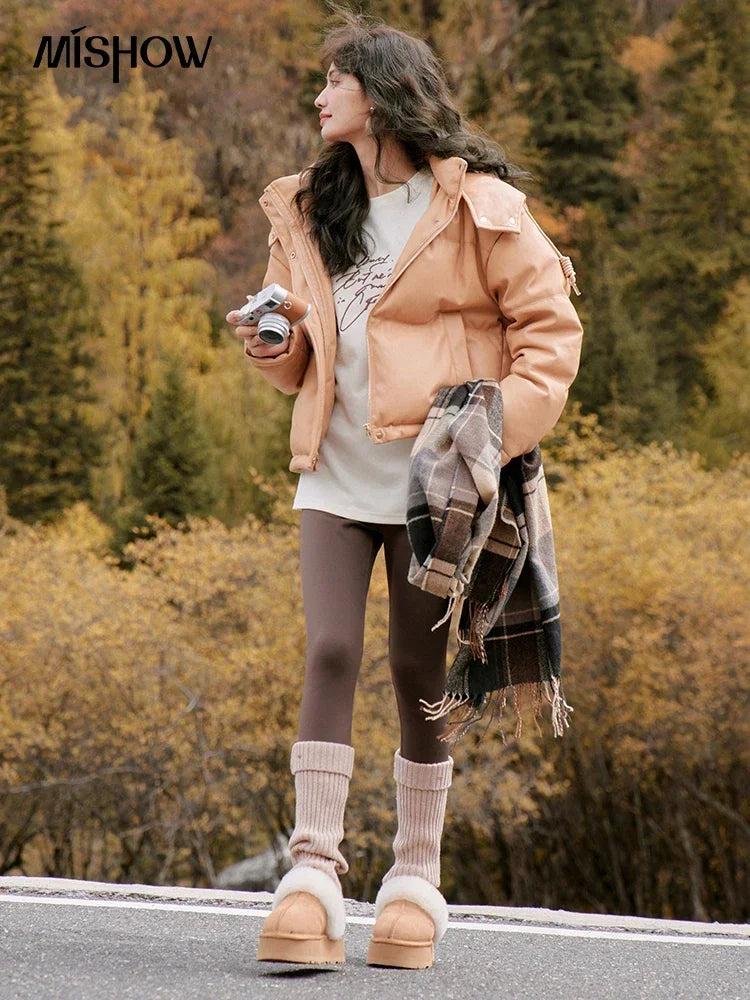 MISHOW Women's Winter Down Jacket 2023 Hooded Short White Duck Down Coats Imitation Protein Leather Puffer Jackets MXC52Y0008