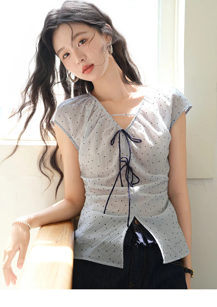 MISHOW Women's Elegant Blouses 2025 Summer Ladies V-Neck Bow Spliced Polka Dot Garment Sleeves Top Female Clothing MXE37X1909