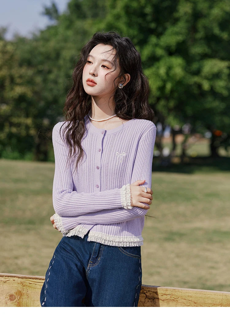 MISHOW Macaron Knitted Tops 2025 Spring Hollow Hook Flower Lace Splicing Tops Bow Embroidery O-neck Long Sleeve Tees MXE16Z1211