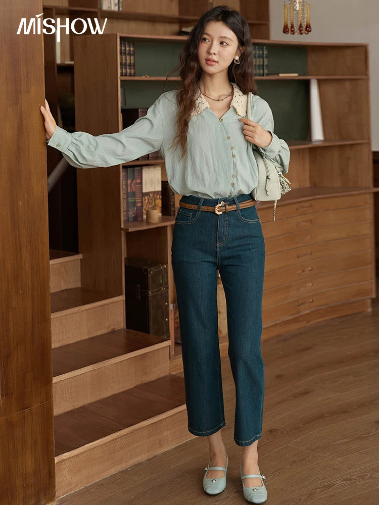 MISHOW Women's Linen Shirt 2025 Autumn Contrast Apricot Lapel Shirts Long Sleeve Curved Placket Tops Office Lady MXE43C2387