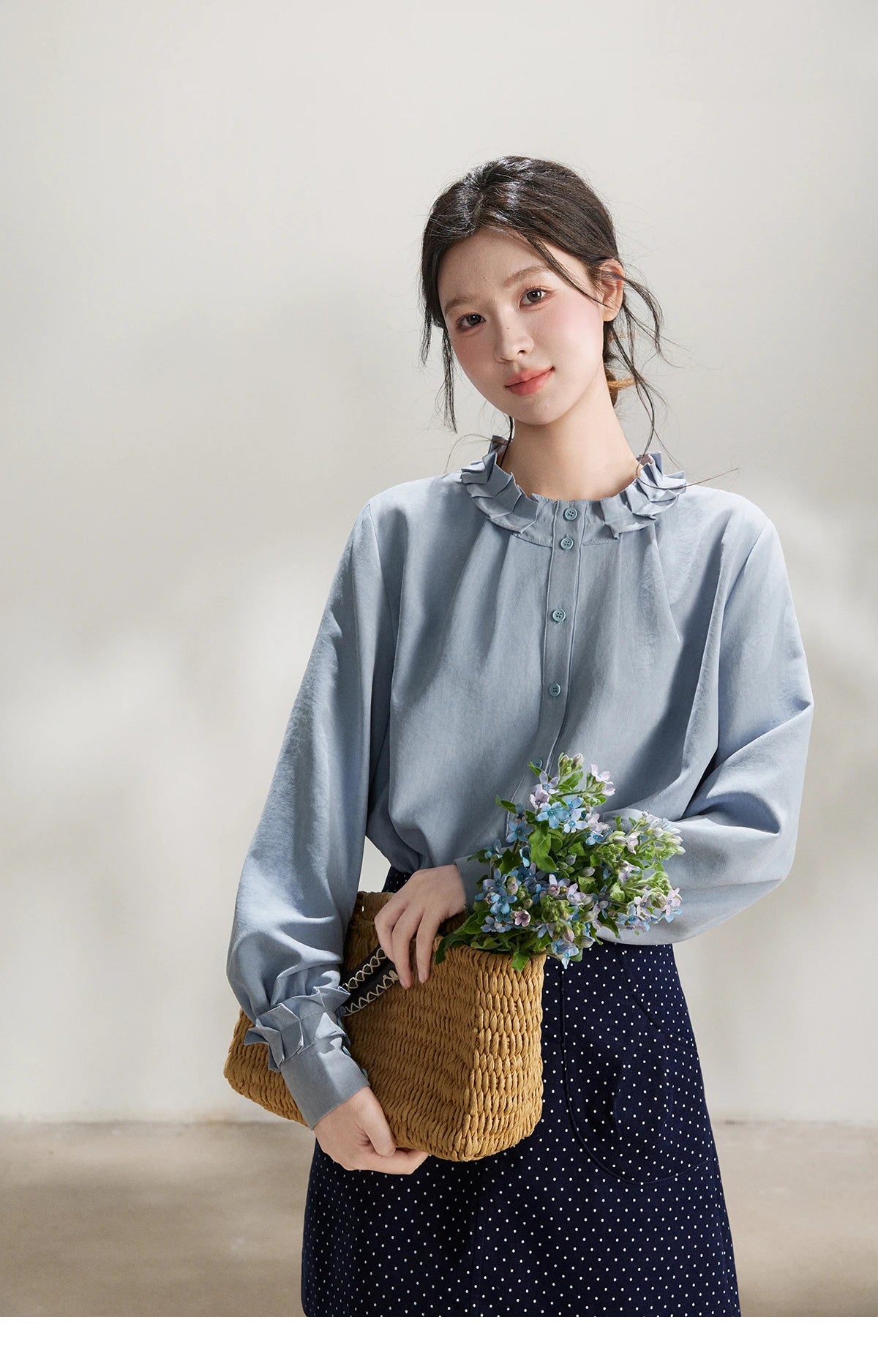 MISHOW Women's Peach Skin Solid Shirt 2026 Spring Ruffled Crew Neck Single-breasted Tops Casual Long Sleeve Shirts MXF11C2431