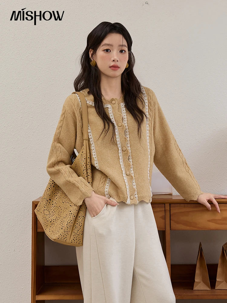MISHOW Yellow Knitted Cardigan Ladies 2025 New Sweet Lace Stitching Cable Sweater Commute Women's Autumn Cardigan MXE51Z2546