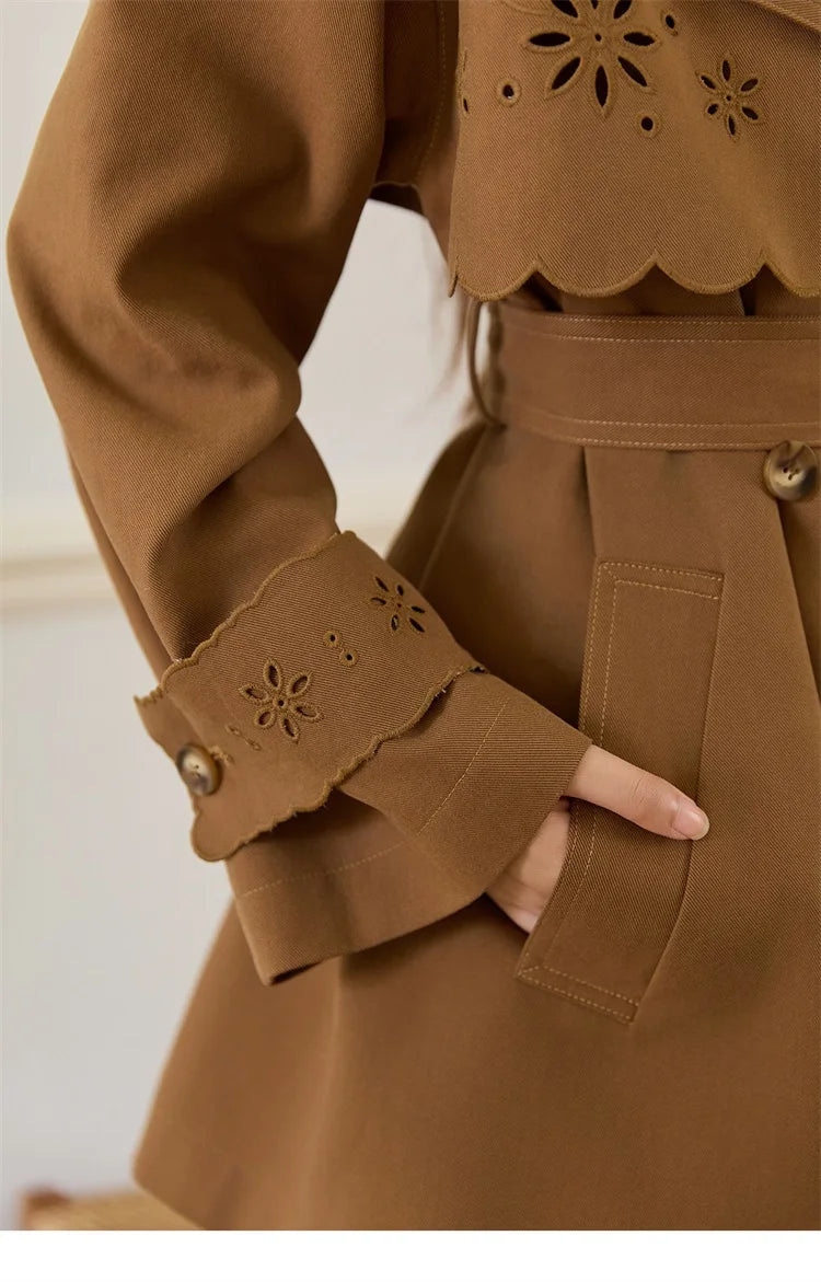 MISHOW Hollow Flower Trench Coat for Women Autumn 2025 Double Breasted Retro Trench with Slant Pocket Belt Coats MXE46W0838