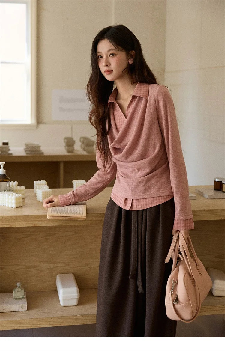 MISHOW Women Knit Top 2025 Winter Faux Two-piece Pullovers Retro Plaid Patchwork Draped Collar Luxury Design Pink Top MXE87Z2747