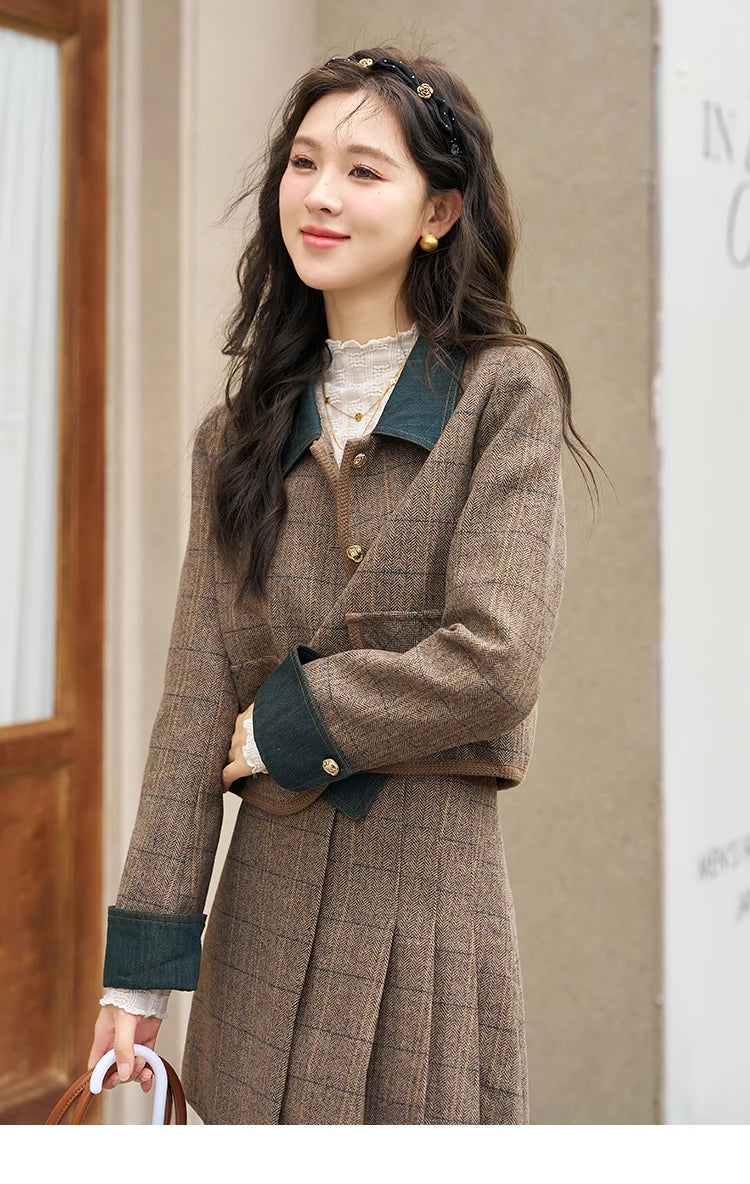 MISHOW Fashion Retro Plaid Coat Half pleated Skirt Separately 2024 Autumn Wool Jacket Retro Skirt Office Lady MXC47W0154