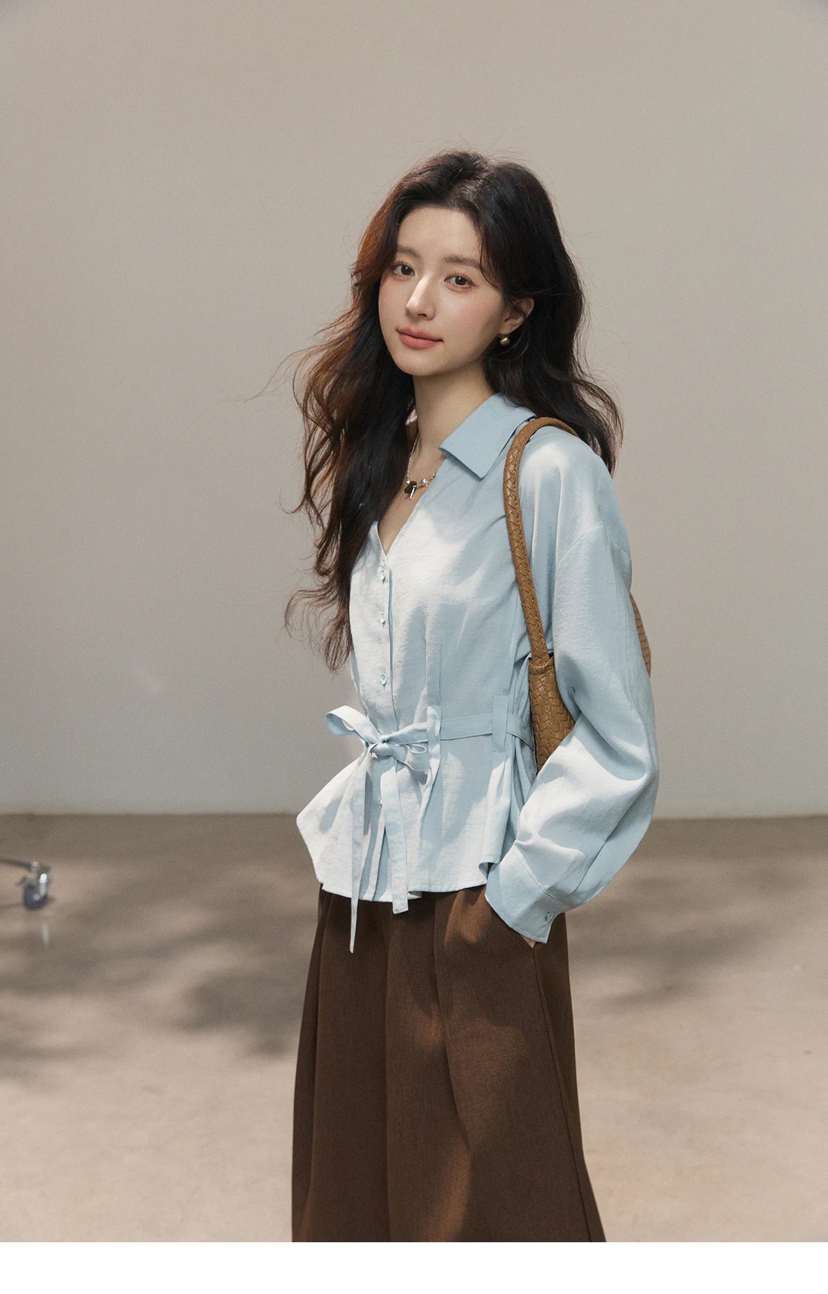 MISHOW Women's Light Blue Lyocell Shirt 2026 Spring Polo Neck V-neck Belted Waist Shirt Casual Peplum Long Sleeve Top MXF13C2437