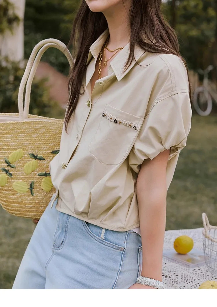 MISHOW Casual Summer Blouses Women 2025 New Short Puff Sleeve Turn Down Collar Shirt Female Fashion Shell Ribbon Tops MXE33C0773