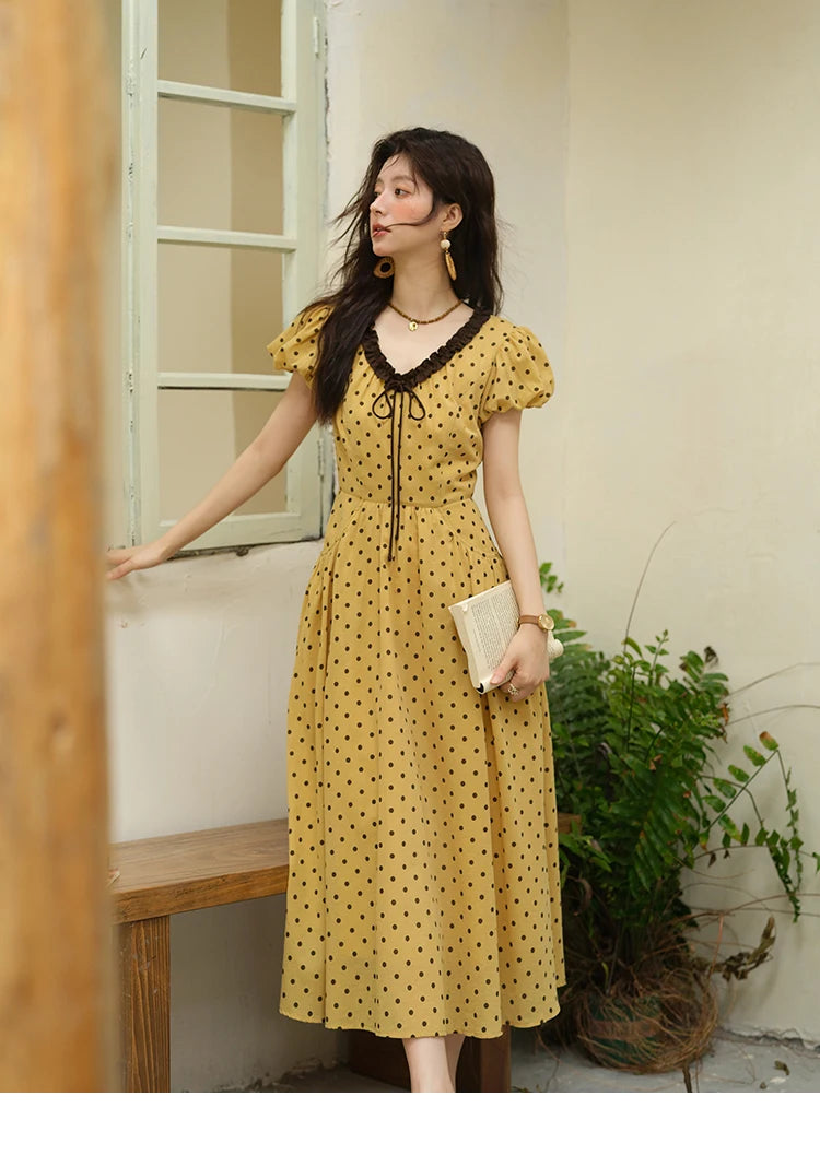 MISHOW Women's Casual Polka Dot Dress 2025 Summer New Ladies Puff Sleeve V-neck Lace Up Ruffle Edge Pocket Dresses MXE39L2326