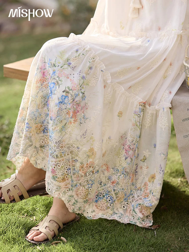 MISHOW Women's Fashion Sleeveless Print Dress 2025 Summer New Mushroom Edge O-Neck Lace Up Tassels Loose Midi Dresses MXE36L2253