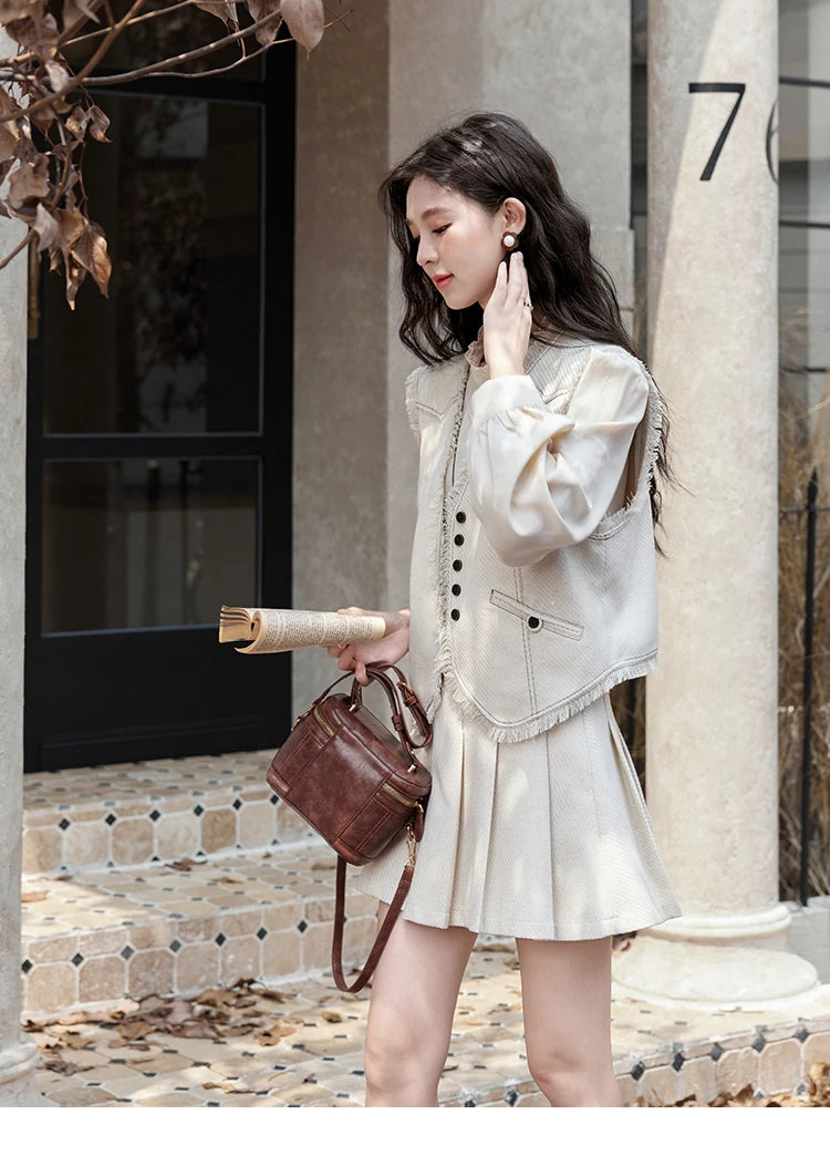 Mishow French Apricot Stand Collar Shirt & Pleated Mini Skirt Set MXD48C0365