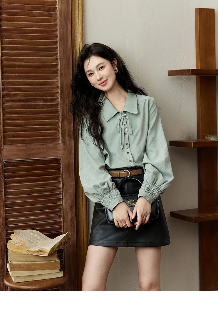 MISHOW Vintage Green Blouse Bow Lace-Up Lantern Sleeve MXD44C0337
