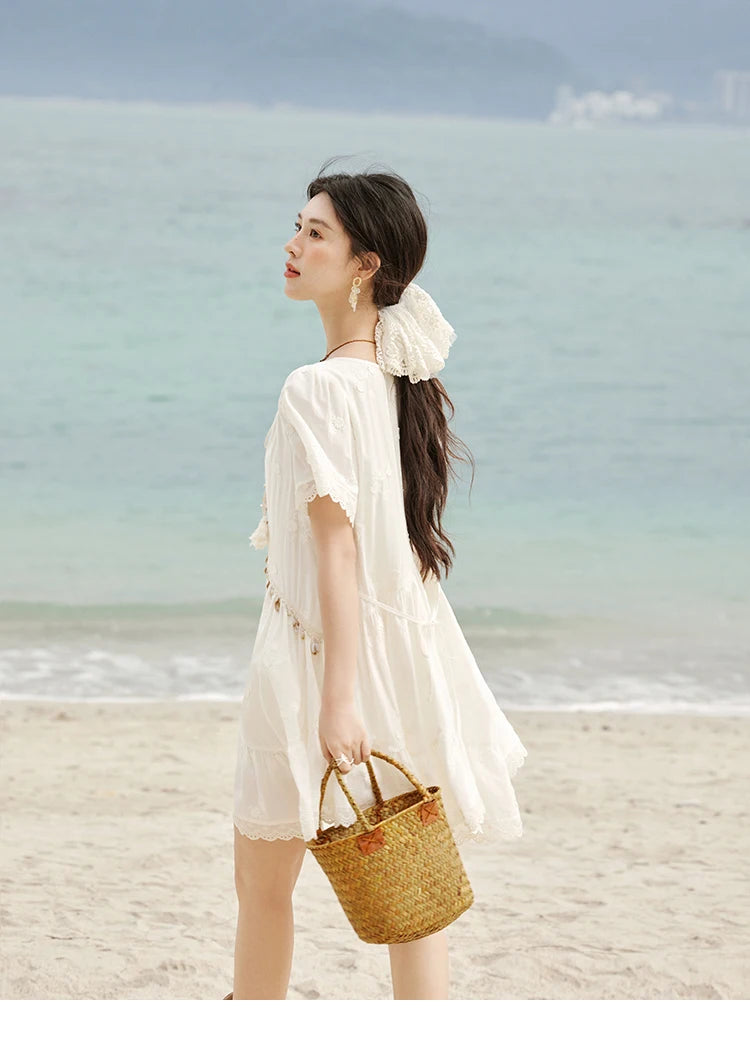 MISOHW Bohemian Solid Women's Summer Dress New 2025 Short Sleeve V-neck Shell Lace Midi Dresses for Woman Fashion MXE33L2195