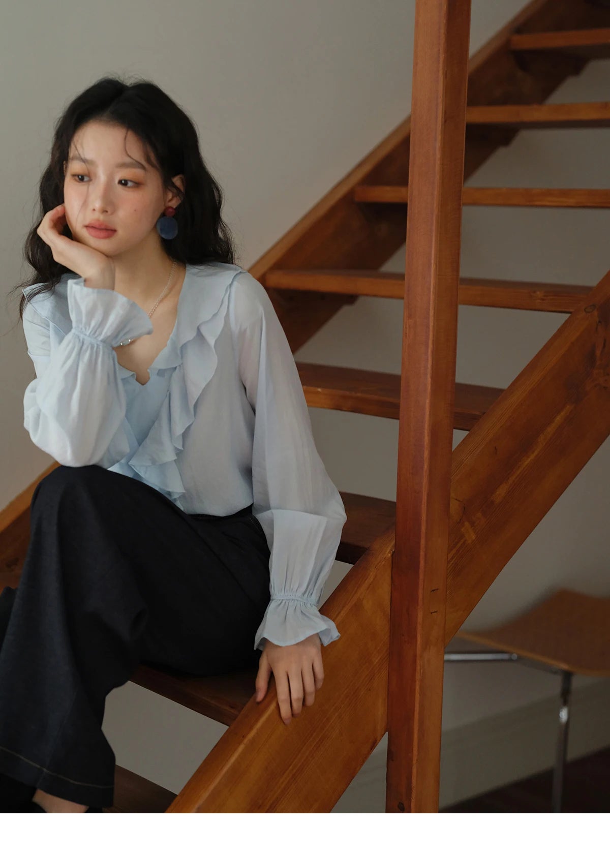 MISHOW Blue Lyocell Ruffled Shirt 2025 Autumn V-neck Flared Sleeves V-neck Shirts Commuting Elegant Versatile Tops MXE41X1969