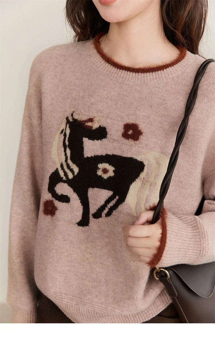 MISHOW Women's Horse Pattern Knit Sweater Winter Crew Neck Sweaters Collar Cuffs Splice Contrasting Faux Mink Fur Top MXE94Z2863