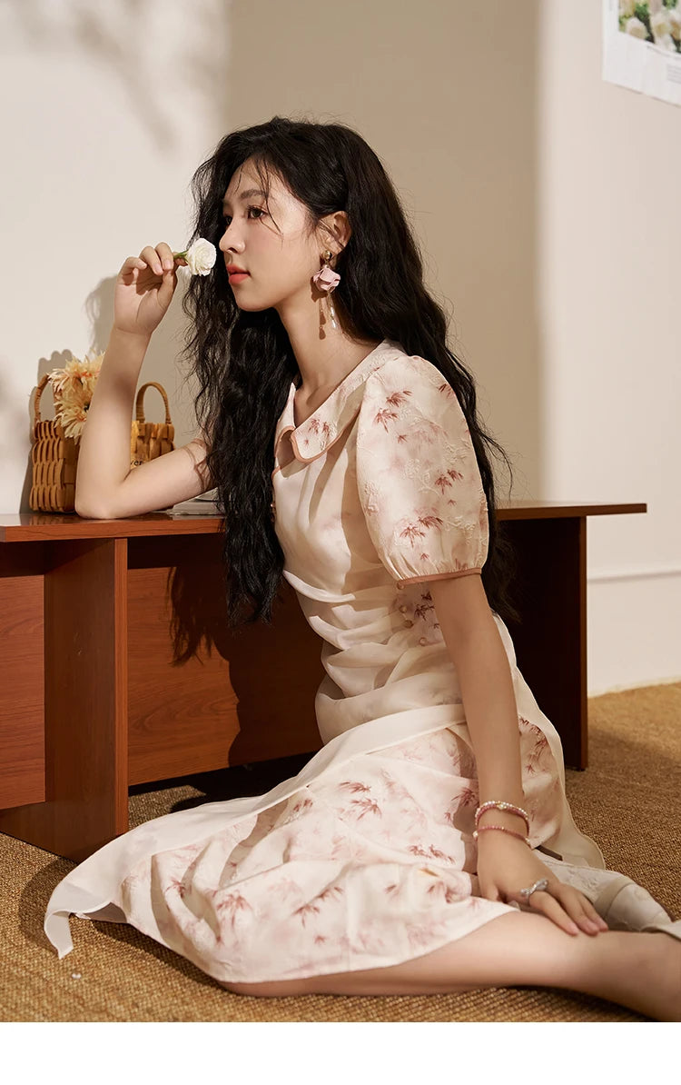 MISHOW Chinese Doll Collar Dresses 2024 Summer Improved Cheongsam Waist Pink Bamboo Printing Splicing Mesh Midi Dress MXD22L1829