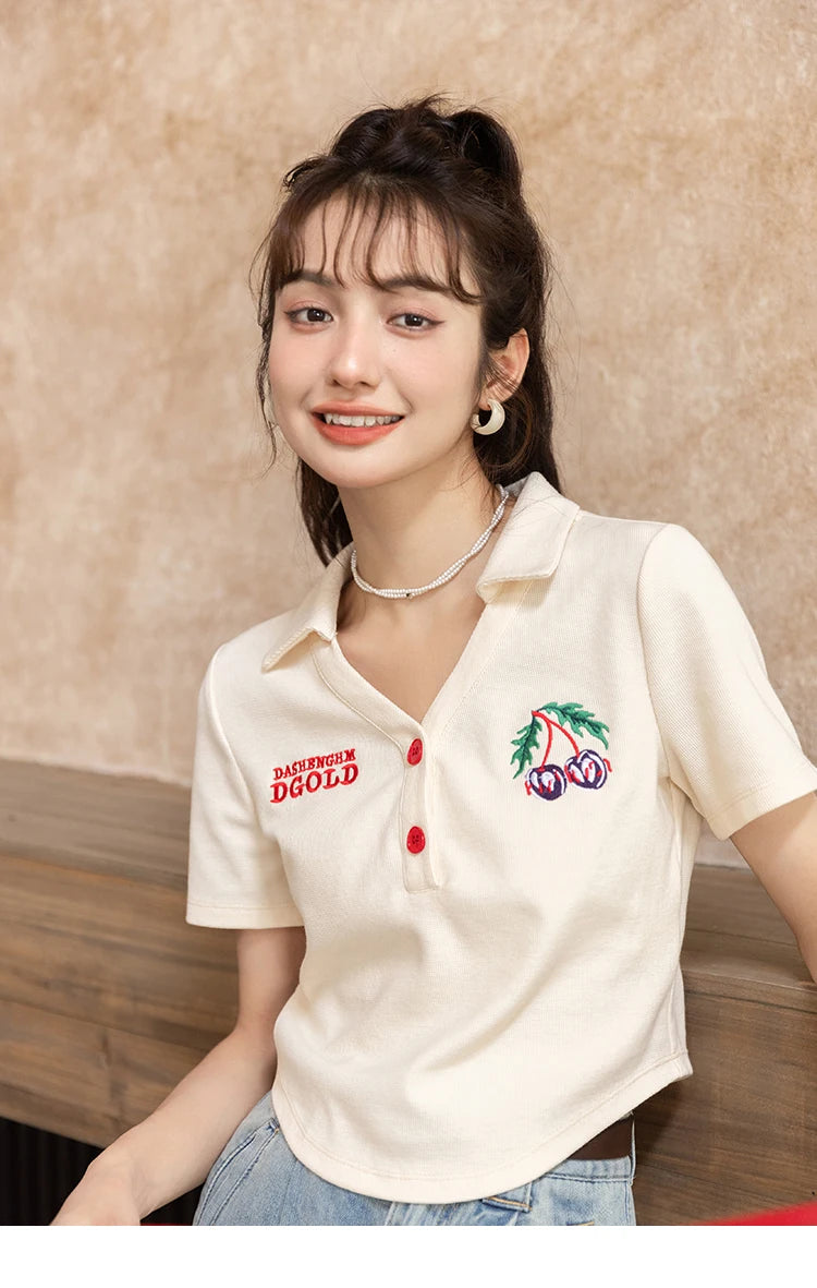 MISHOW Summer T-shirts for Women Korean Fashion Polo Collar Embroidery Letter Short Tops Harajuku Casual Solid Tees MXB32T0477