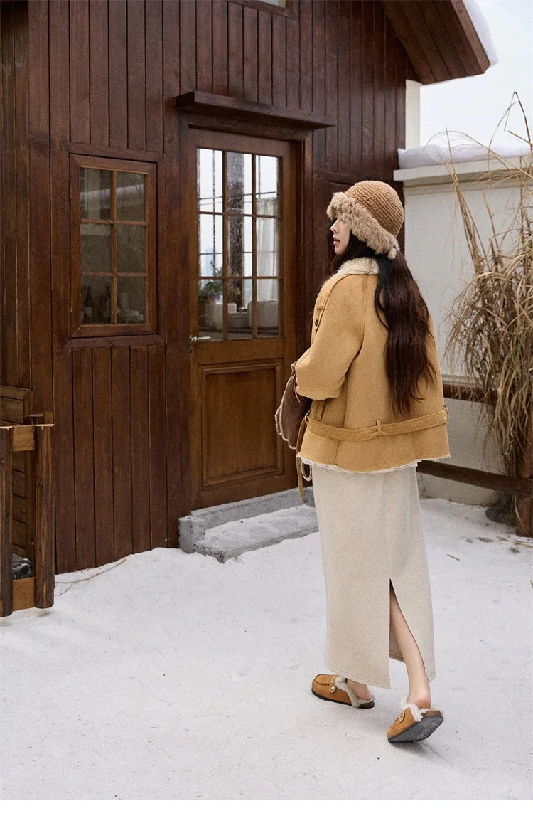 MISHOW Women Winter Jacket 2025 Fashion Suede Lambskin Fleece Coat Commute Windproof Retro Double-breasted Warm Coat MXE86W0907