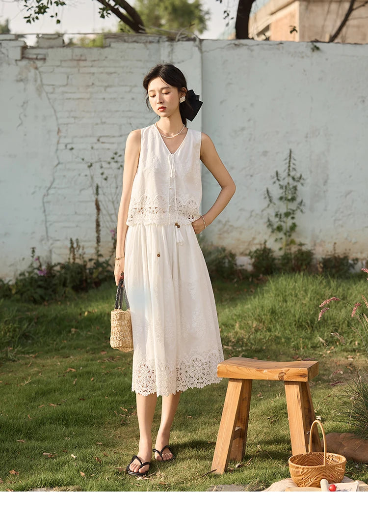 MISHOW 2 Pieces Set Woman Embroidery V-neck Hollow Lace Up Sleeveless Top Summer 2025 Slim Elastic Waist Skirt Set MXE33T0593